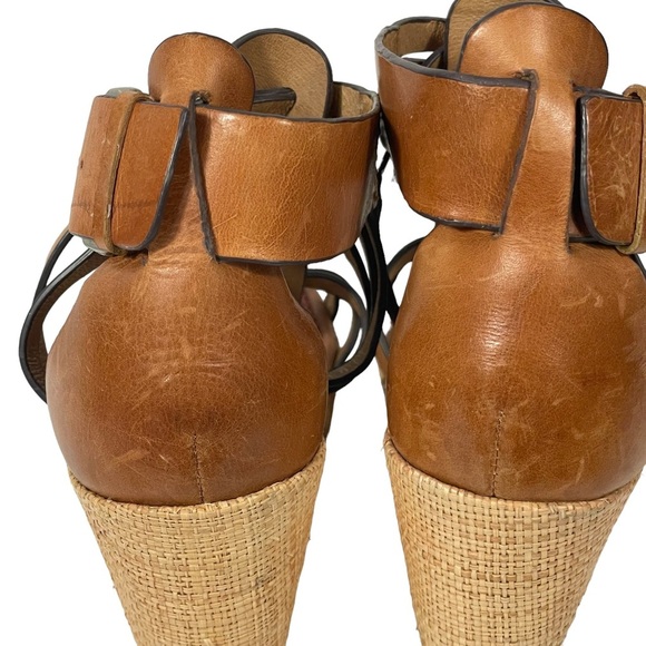 Trask Brown Saddle Leather Strappy Burlap Platform Heel Wedge Sandal Sz 9 - Picture 7 of 10